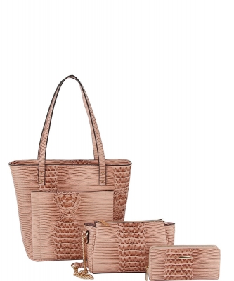 3in1 Crocodile Skin Tote bag Clutch Wallet Set LMD010-Z  BLUSH